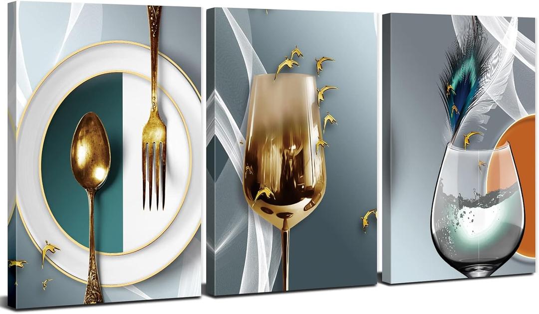 Kitchen Wall Decor Teal Gold Wine Glass Canvas Wall Art for Dining Room Abstract Wine Cups Paintings Pictures Modern Bar Restaurant Home Decorations Geometric Kitchenware Family Artwork 12x16" 3 Pcs (12x16inch, wineglass)