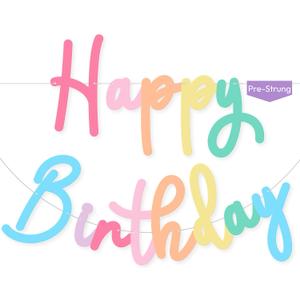 HOUSE OF PARTY Happy Birthday Banner | Cursive Birthday Sign for Party Decor, Backdrop | Pre-strung Paper Banner for Rainbow Party Decoration (Rainbow)