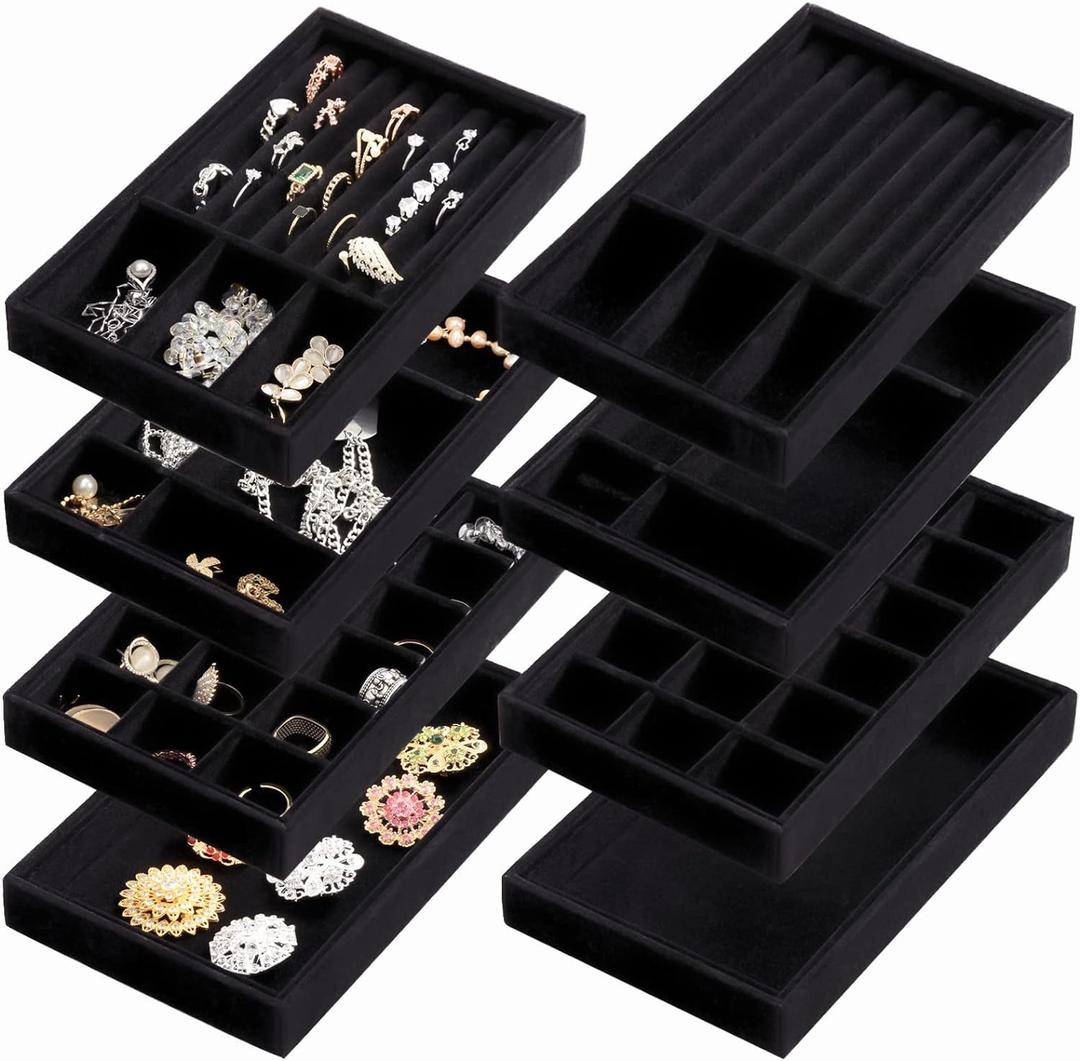 Elsjoy 8 Pack 4 Styles Black Velvet Jewelry Trays, 8" x 5" Jewelry Organizer Tray Stackable Jewelry Storage Tray for Drawer, Rings, Earrings, Necklace