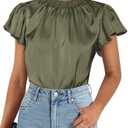 PRETTYGARDEN Business Casual Tops for Women Blouses Dressy 2025 Summer Short Sleeve Ruffle Satin Work Office Attire, L