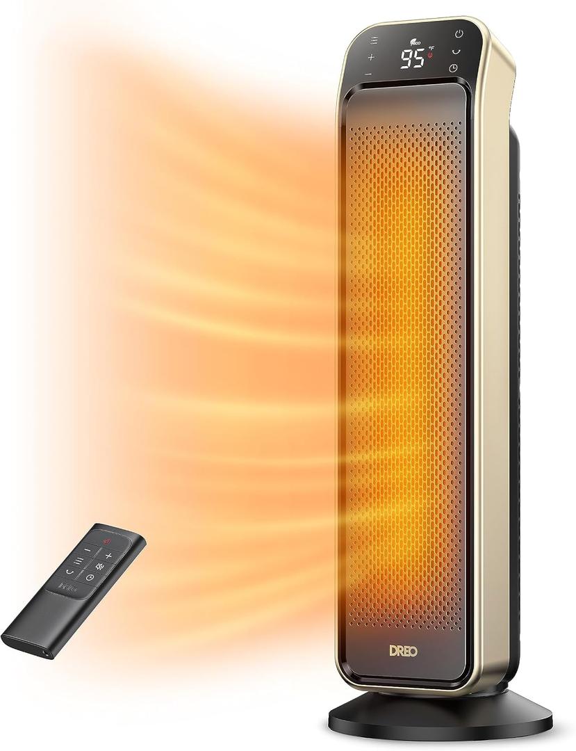 DREO Space Heater Indoor, 25" 11.5ft/s Fast Portable Room Heater with Remote and Thermostat, 3 Modes, Overheating & Tip-Over Protection, Electric Heaters for Indoor Use Large Room, Bedroom, Gold