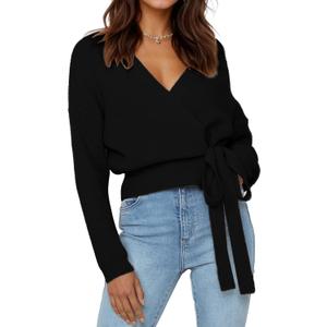 Womens Cropped Sweater V-Neck Wrap Sweater Long Sleeve Ribbed Knit Pullover with Side Tie Valentines Day Outfit (Medium, Black)
