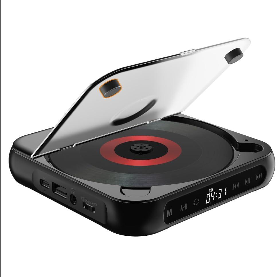 Portable CD Player with Bluetooth 5.3 Transmitter, 2000mAh Rechargeable, Built-in HiFi Dual Speakers, Supports CD/USB/AUX, LCD Display, Headphones Included for Home/Car (Black)