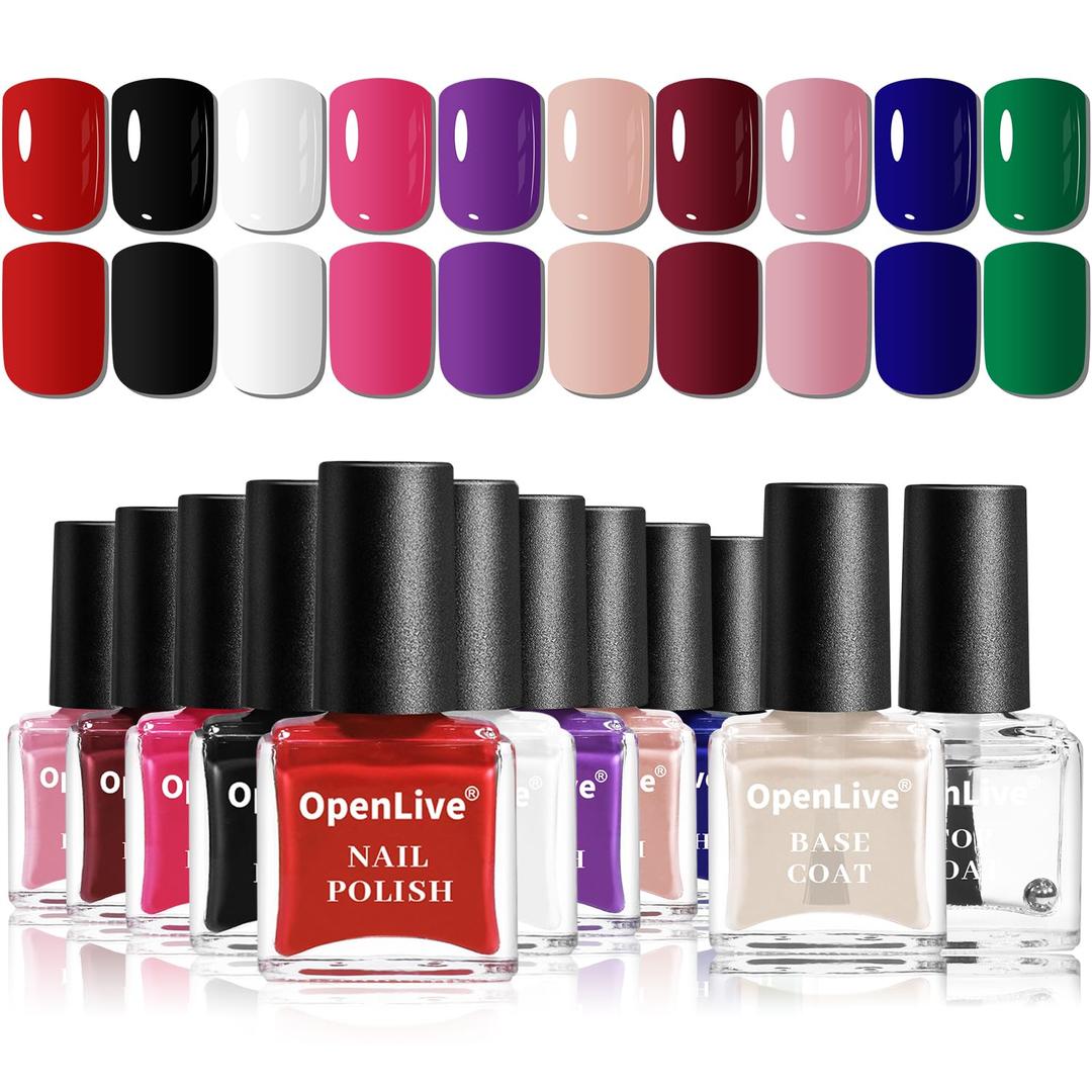 OpenLive 12 PCS Nail Polish Set With 10 Colour Combo, 2 PCS Base and Top Coat, Fast Dry Long Lasting Nail Polish for Holiday Gift Giving