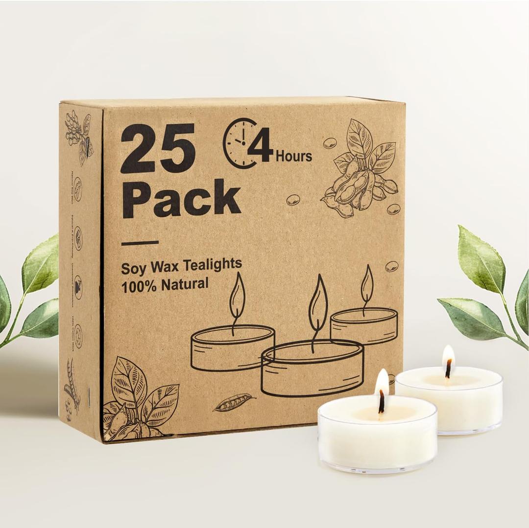 Unscented Soy Tea Lights Candles 25 Pack Bulk, 4 Hours Long Burning White Tea Lights,Non-Paraffin, Smokeless, Mini Tealight Votive Candles for Wedding, Table Centerpiece, Party, Christmas Lights
