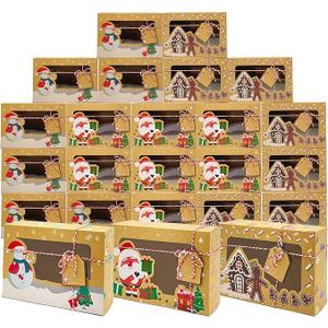 PARSUP 24PCS Christmas Cookie Boxes with PVC Window Kraft Paper Gift Cake Treat Chocolate Cake Boxes with Tags for Holiday Xmas Party Favor Supplies, 3 Styles, 8.7x5.9x2.7inch