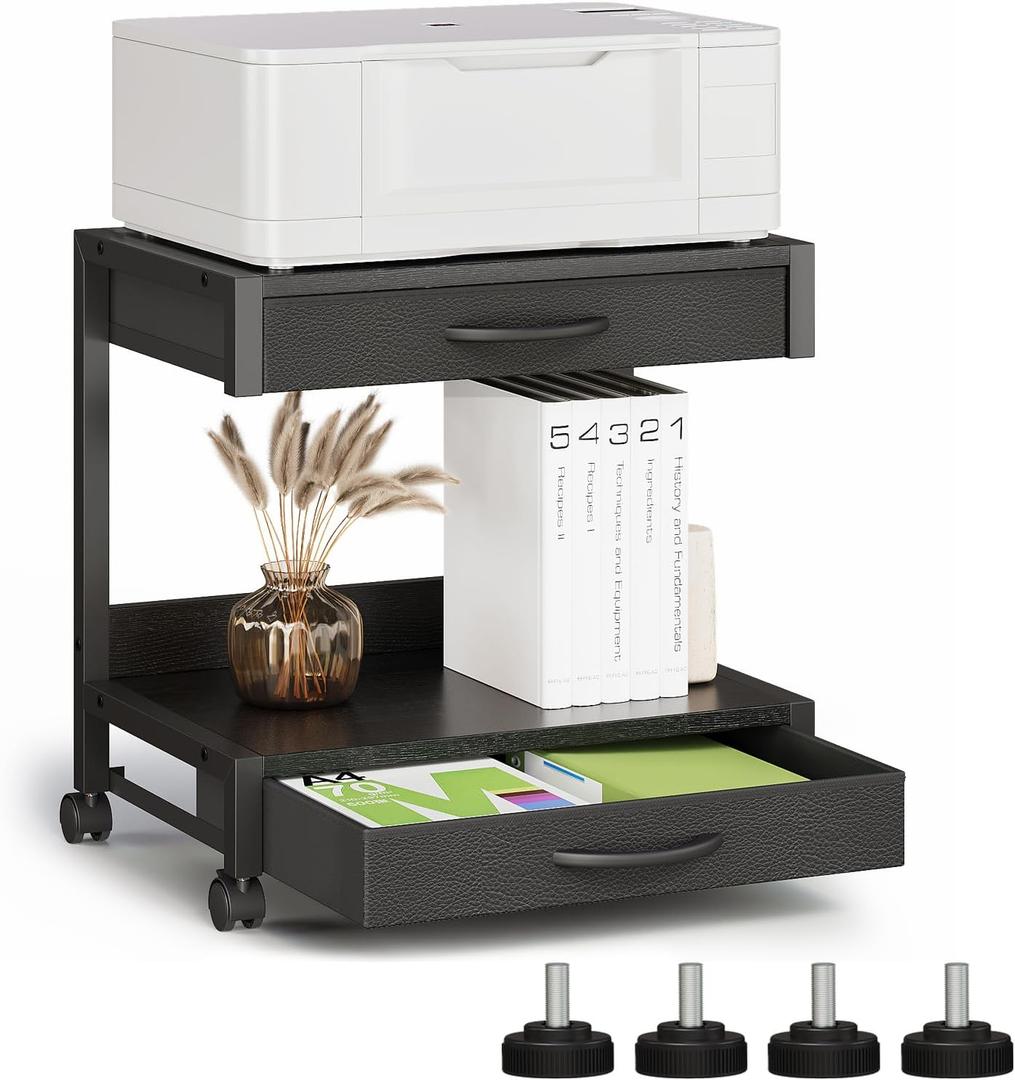 VENNQD 2-Tier Desktop Printer Stand with 2 Fabric Drawers, Prtiner Table with Storage Shelf, Desk Organizer for Home Office,3D Printer,Fax Machine,Scanner (Black, 2 Tier)