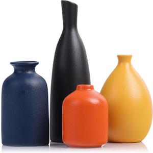 Colorful Ceramic Bud Vases Set of 4 - Modern Yellow, Orange, Blue Small Vases for Home Decor - Ideal for Living Room, Kitchen, Office, Bathroom, Mantle, Entrance, Farmhouse & Coffee Table Decorations (Multicolor Suit-b)