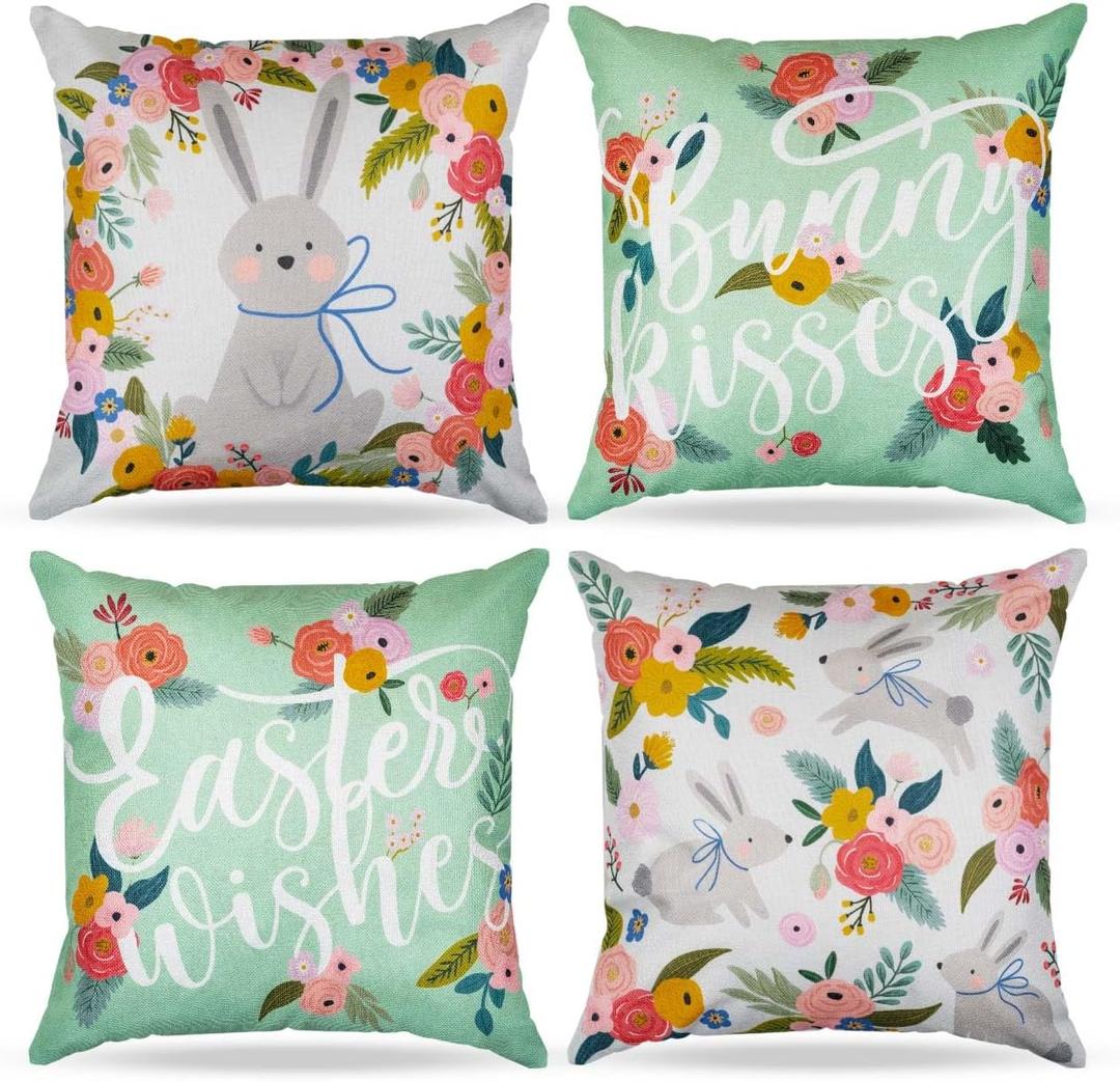 Prims & Flourish Easter Pillow Covers 18x18 Set of 4, Throw Pillow Covers, 4-Pack, 4 Designs, Floral Bunny Bliss, Green