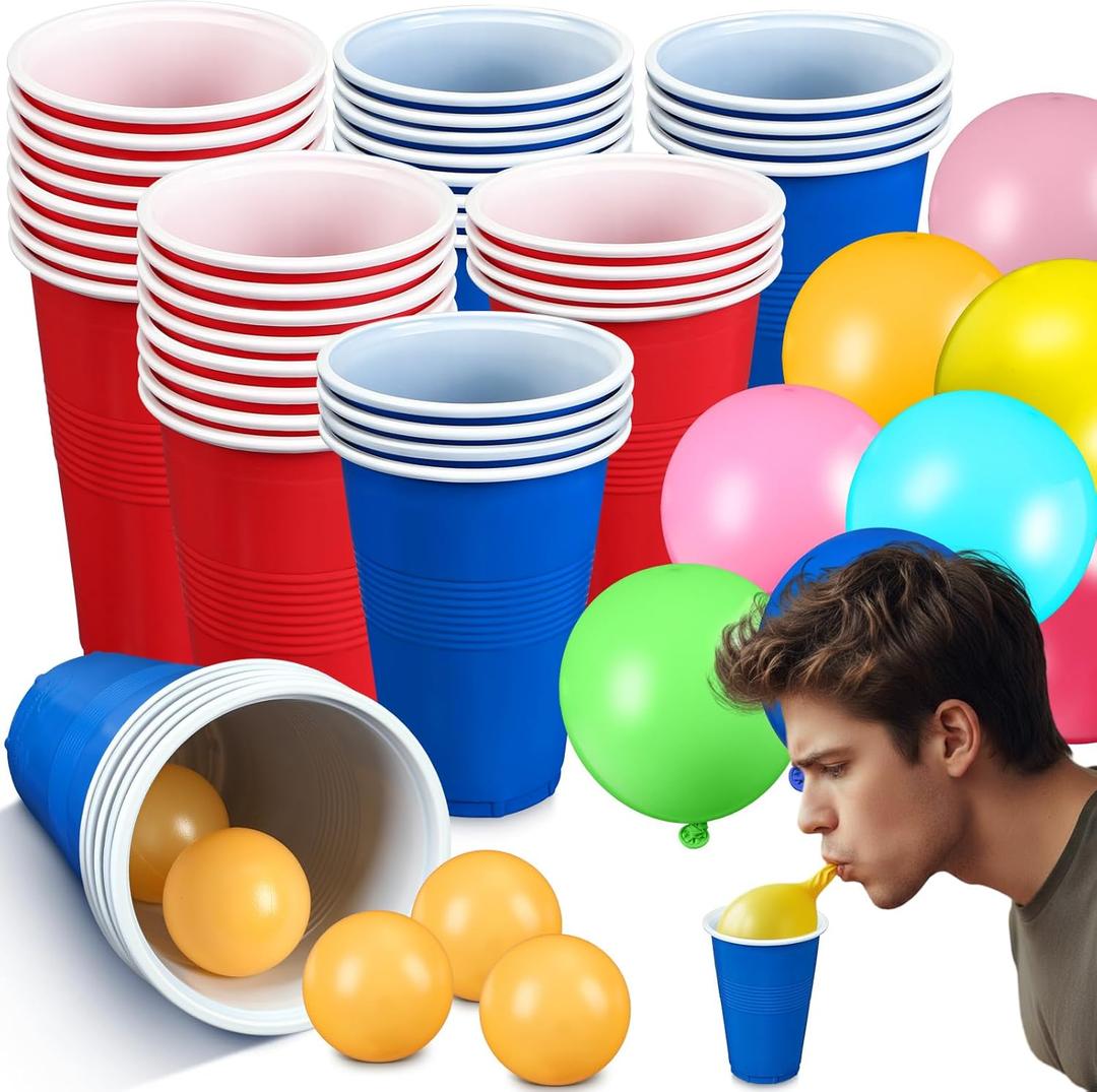 Minute to Win It Family Fun Christmas Games Hilarious Christmas Party Game Balloon Cup Stacking Cup Interactive Table Games 16 oz Cups & 6 Balls & 100 Balloons for New Year Birthday