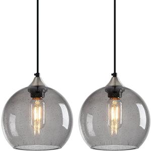 Light Grey Glass Pendant Lights Kitchen Island Lighting Globe Pendant Light Fixtures Modern Pendant Lighting for Bedroom Living Dining Room Light Fixture (7.87 in, 2 Pack)