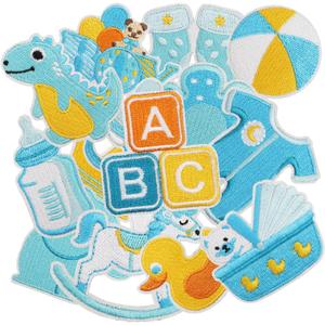 25pcs Baby Boy Iron/Sew on Patches, Cute Cartoon Blue Embroidered Applique, Fashion Decoration for Clothes, Hat, Bag, Dress, Shirt, Jeans