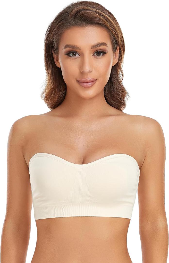 Lusait Strapless Bra for Women Non-Slip Silicone Padded Bandeau Bra Wireless Tube Top Bralette (Beige, L)