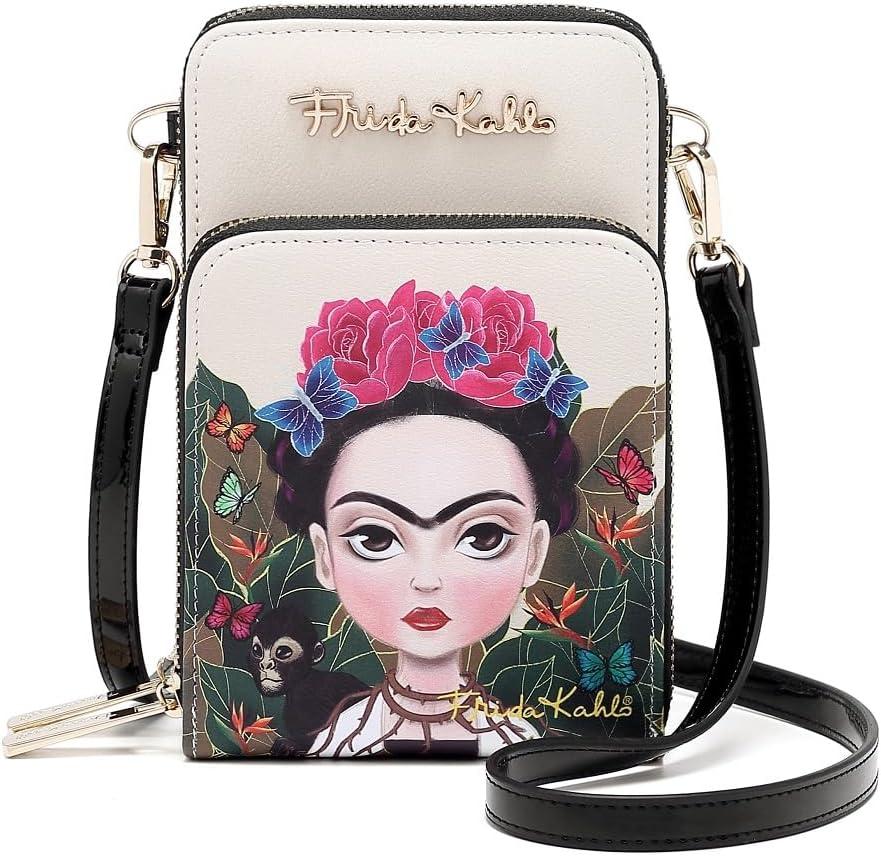 Frida Kahlo Artistic Phone Wallet Crossbody Bag, Floral Butterfly Design, Multi-Compartment with Card Slots, Beige and Black