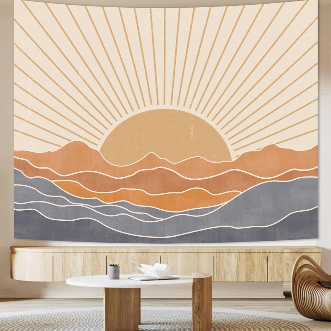 Extra Large Boho Tapestry Wall Hanging for Bedroom Aesthetic 71"x90", Bohemian Vintage 70s Rainbow Sun Tapestries for Living Room, Big Retro Hippie Sunset Sea Backdrop for Dorm Room Decor