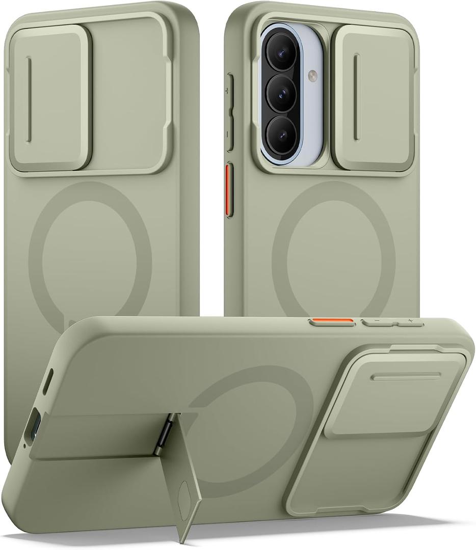SURITCH for Samsung Galaxy A57 5G Case, Compatible with MagSafe, Shockproof Bumper Cover Slim Magnetic Protective Cases with Camera Cover & Adjustable Metal Kickstand for Galaxy A57 5G, Green