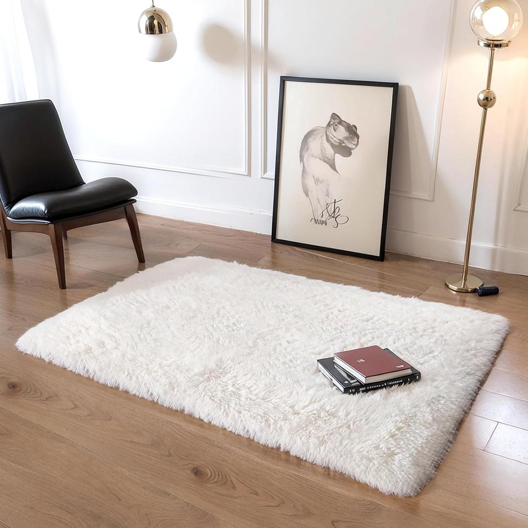 Thick Area Rug Cream White Fluffy Shag 3x5 for Girls Bedroom, Soft Plush Fuzzy Shagggy Carpet for Living Room, Thickened Washable Non-Slip Furry Rug for Kids Toddler Boys Dorm Nursery, Ivory (3'x5', A-cream White-thick)