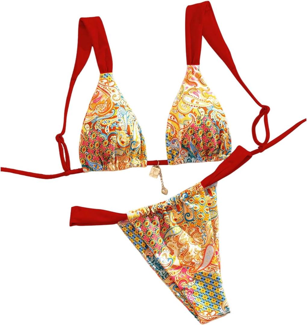 Women's 2 Piece Leopard Floral Bathing Suit Wireless Triangle Swimsuit High Waisted Bikini Sets (Large)