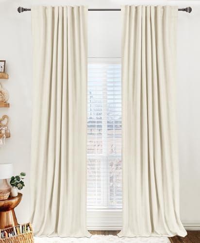 100% Blackout Shield Linen Blackout Curtains for Bedroom 90 Inches Long, Back Tab/Rod Pocket Living Room Drapes, Thermal Insulated Blackout Curtains 2 Panels Set, 50" W x 90" L, Light Cream