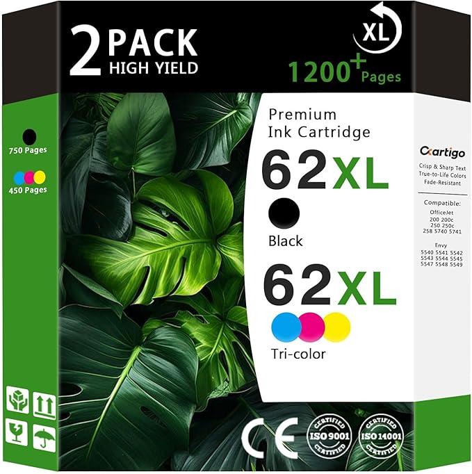 62XL High Yield Ink Cartridges Combo Pack (1 Black/1 TriColor 2Pack) Compatible for HP 62XL 62 Replacement for HP Envy 5540 5640 5660 7644 OfficeJet 5740 5741 8040 200 250 Series Printers