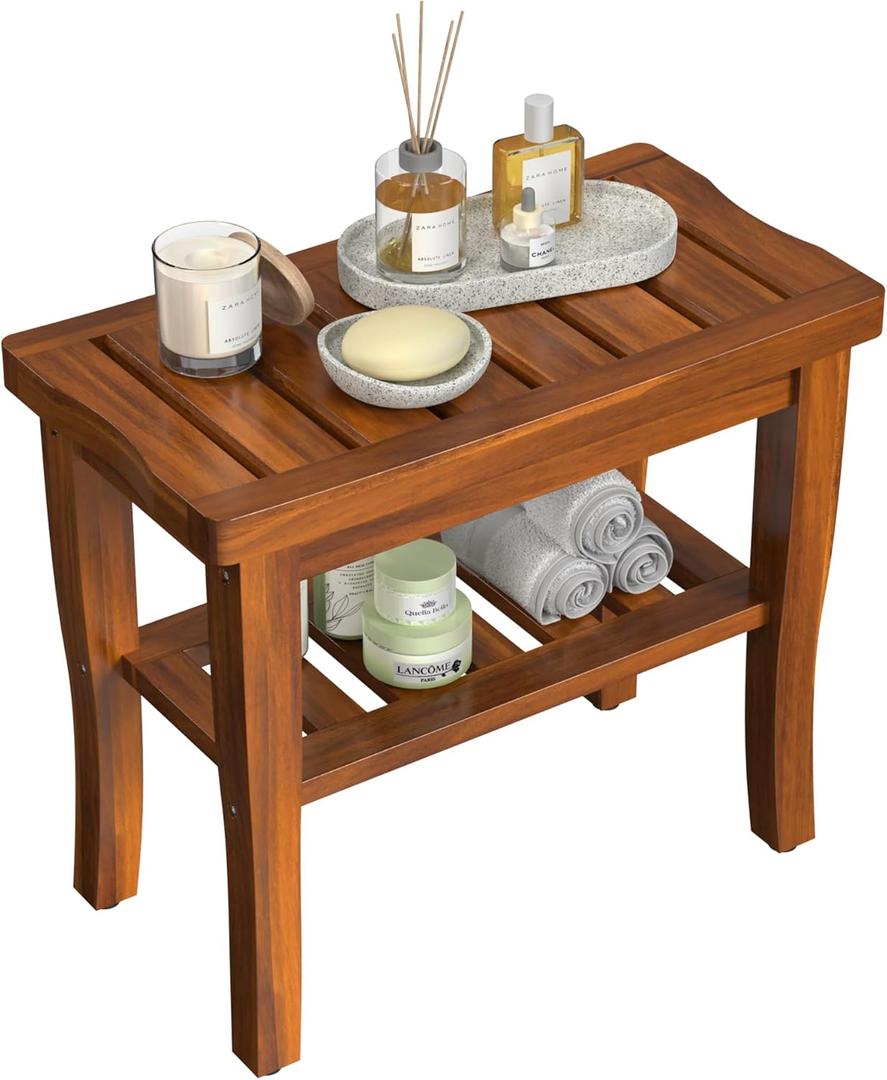 Teak Wood Shower Bench Stool with Storage Shelf, Wooden Waterproof Bathroom Spa Bathing Teak Shower Stool with Non-Slip Feet Gadget 2024 for Indoor or Outdoor Shower Chair Seat Organizer (15.6"W  10"D  16.7"H, Brown)