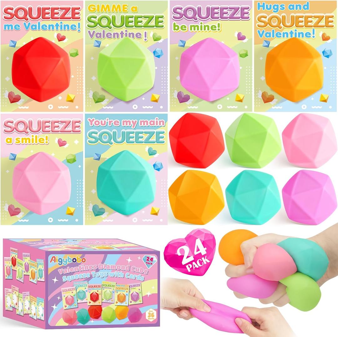 Valentines Day Cards for Kids School with Diamond Squeeze Stress Balls, Valentines Day Gifts for Kids, 24 Pack Stretchy Toy for Classroom Exchange, Valentine's Party Favor Prize for Boys Girls