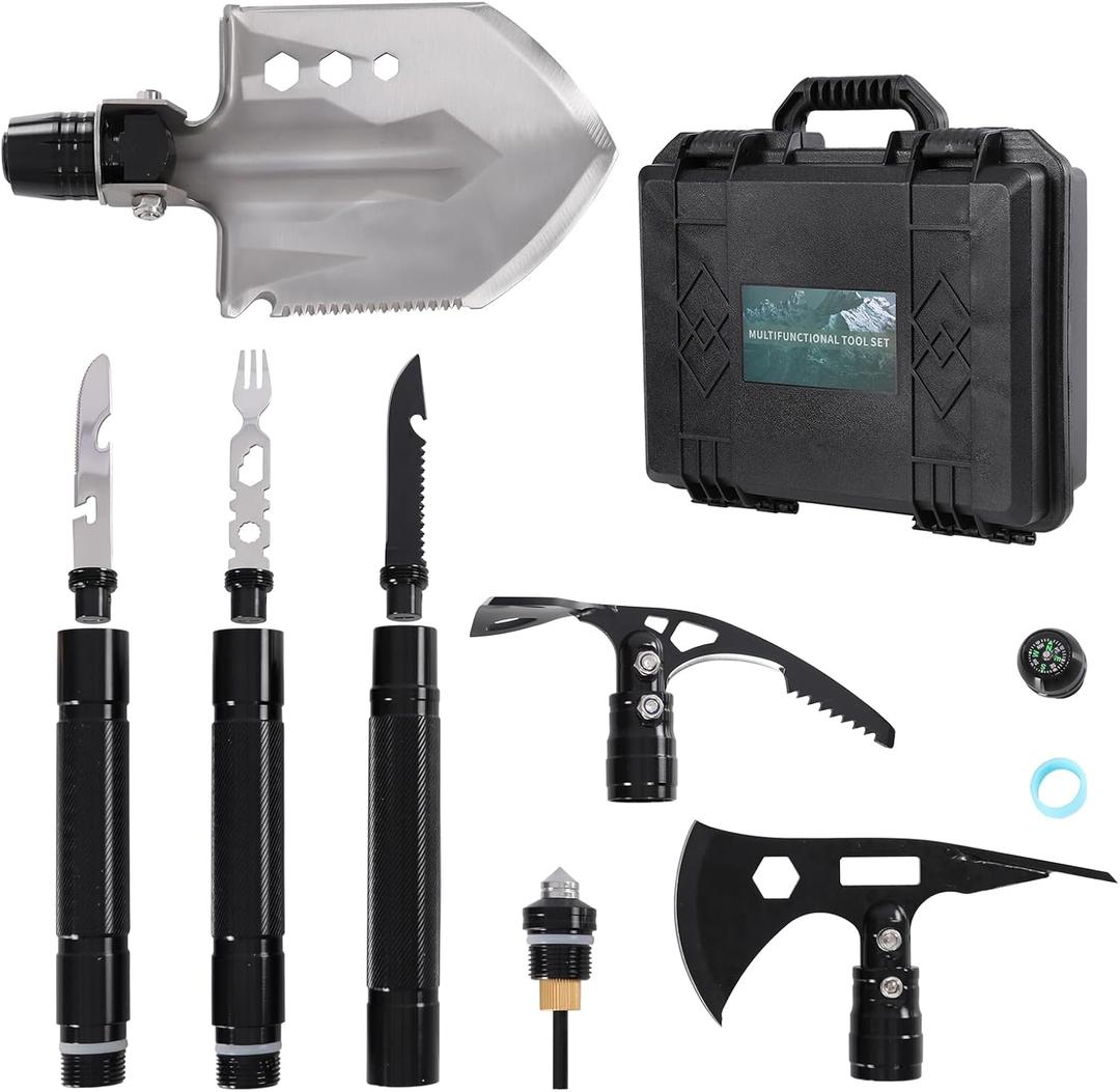 Survival Shovel Multitool 14-in-1  Tactical Folding Shovel & Axe for Camping, Hiking, Hunting  Military Grade Gear with Adjustable Handle, Portable Storage Box