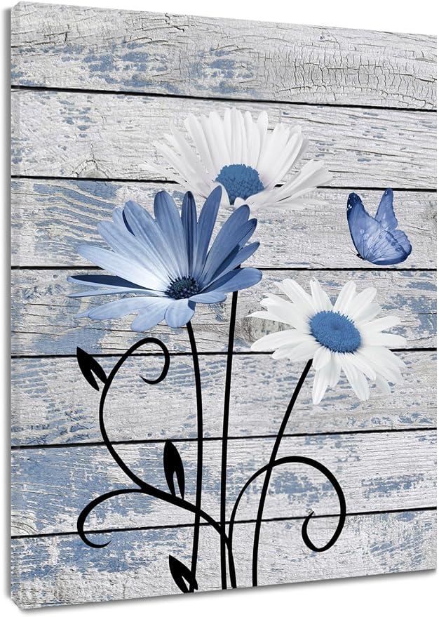 HVEST Vintage Floral Canvas Wall Art Blue and White Daisy Butterfly on Farmhouse Wooden Wall Decor for Bedroom, Country Wildflower Framed Wall Art for Living Room Office Home Decor,24L X 16W inches