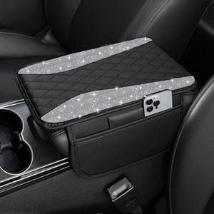 NBTEPEM Bling Car Center Console Cover, Leather Middle Console Cover with 2 Storage Bags, Universal Arm Rest Cover Protector, Bling Car Accessories Interior Fit for Most Vehicles, Silver Diamond