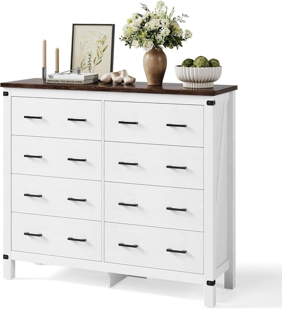 LINSY HOME Farmhouse 8 Drawer Double Dresser for Bedroom, 50 Wide Rustic Wood Chest with Deep Drawers, Modern Dressers with Storage and Metal Handles for Closet, Living Room, Hallway, Off White (15.7"D x 49.6"W x 43.3"H (8 Drawers))