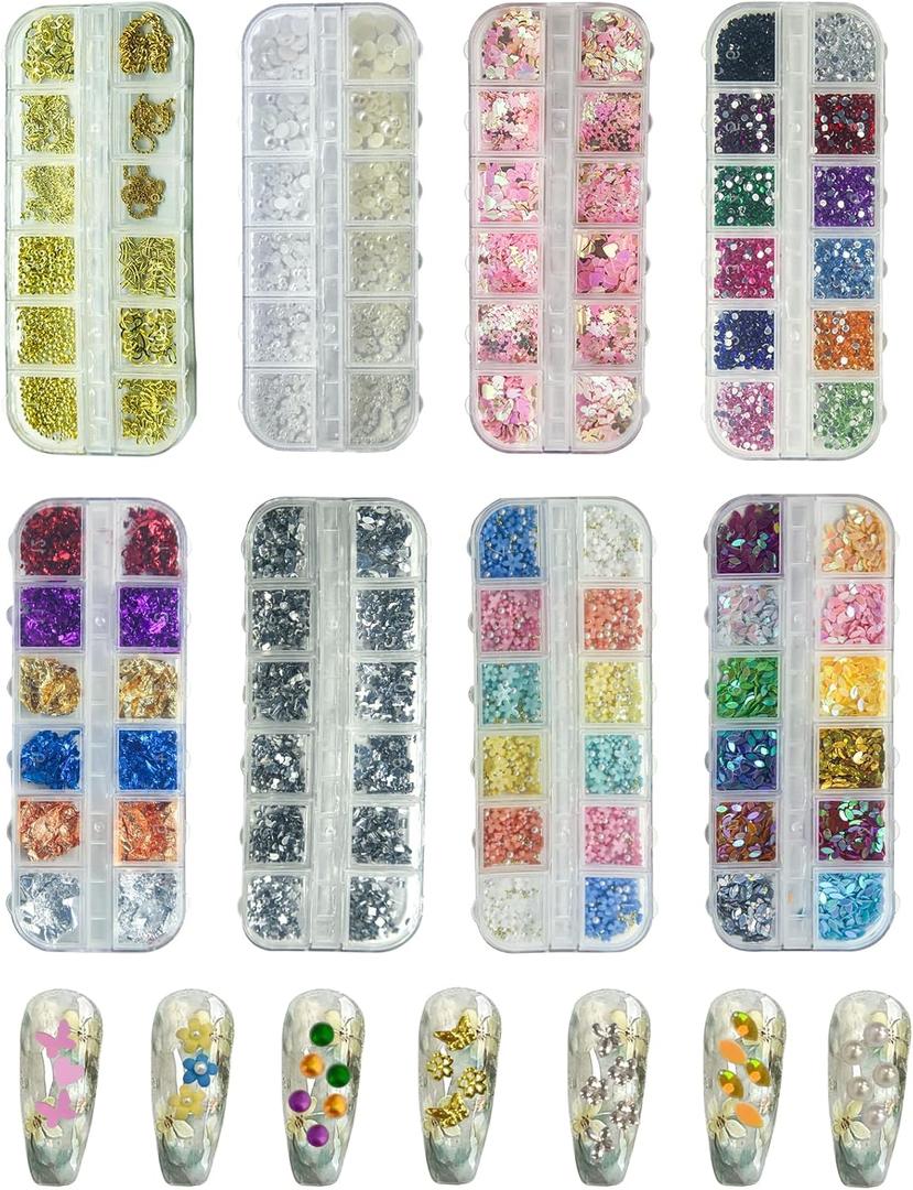 8 Boxes 3D Nail Charms Kit Rhinestones Colorful Crystals Clear Multi Shape Half Round Pearls Butterfly Diamond White Pink Craft Supplies DIY Accessories