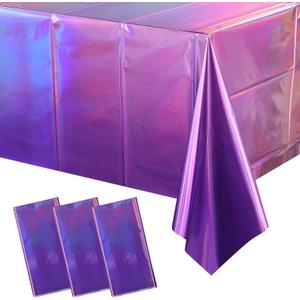 3 Pack Ombre Iridescent Pink and Purple Plastic Tablecloths, Shiny Disposable Laser Rectangle Table Covers Holographic Foil Tablecloth Iridescent Party Decoration Birthday Bridal Wedding, 54x108 Inch