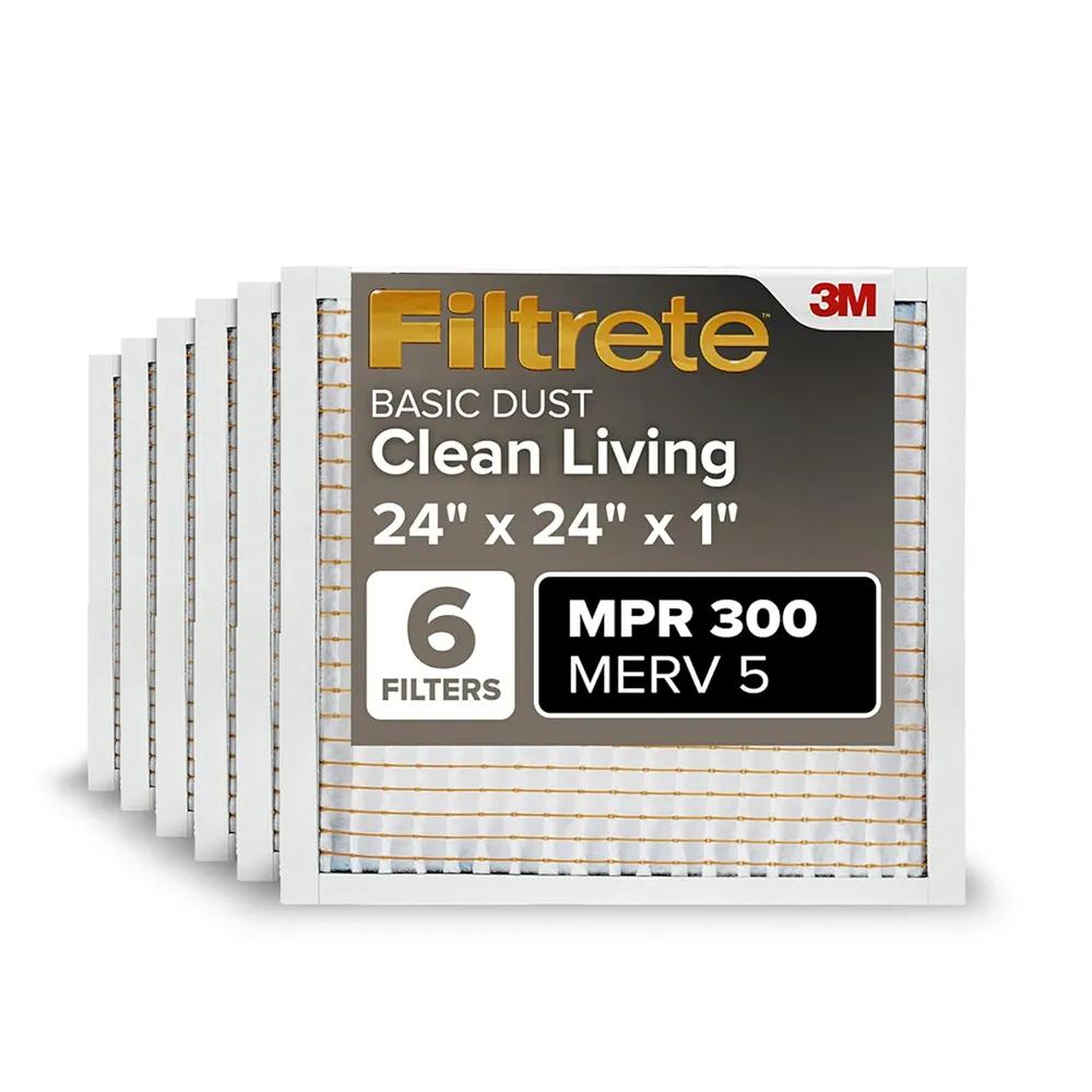 Filtrete 24x24x1 Air Filter, MPR 300, MERV 5, Clean Living Basic Dust 3-Month Pleated 1-Inch Air Filters, 6 Filters
