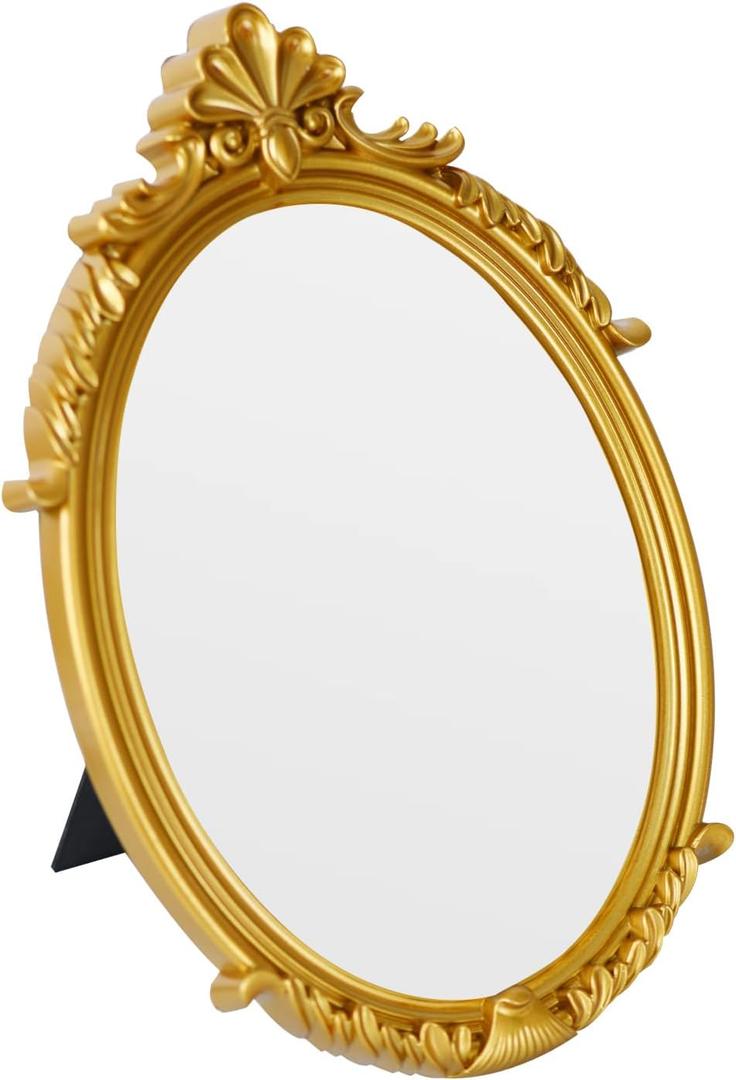 Decorative Vintage Oval Makeup Mirror with Gold Plastic Frame,Tabletop Mirror-7.5 x 11 inches