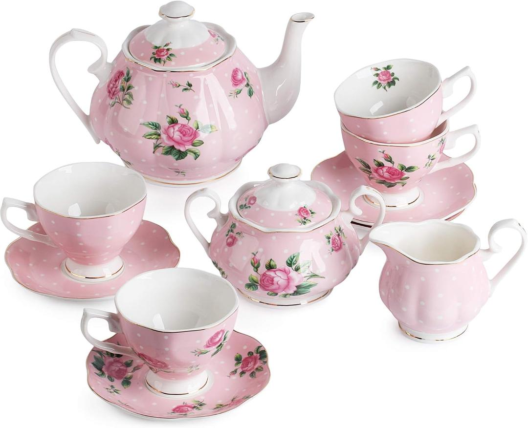 BTaT- Floral Tea Sets for Adults, 13 pcs, Service for 4, Pot (38 oz) & Cups (8 oz) with Saucers, Pastel Pink Floral Design with Gift Box, Porcelain Tea Set for Adult, Dishwasher Safe, Christmas Gifts