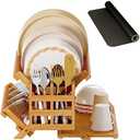 Greenual Bamboo Dish Drying Rack with Utensil Holder, 3 Tier Collapsible Dish Rack, Wooden Dish Racks for Kitchen Counter, Large Folding Drying Holder with Absorbent Dish Drying Mat
