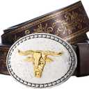 PARTTELY Western Cowboy Belts for Men Women, Western Belt with Bull Buckle, Country Belt Cowboy Leather Belt for Jeans