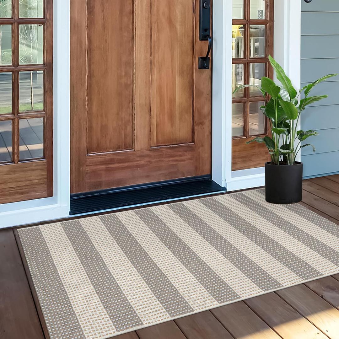 OJIA Gray Front Door Rug 24"x51" Washable Checkered Rug Cotton Woven Small Outdoor Rug Kitchen Entryway Rugs Indoor Doormat Outdoor Entrance Porch Carpet for Bathroom Bedroom (Gray/Tan/Beige)