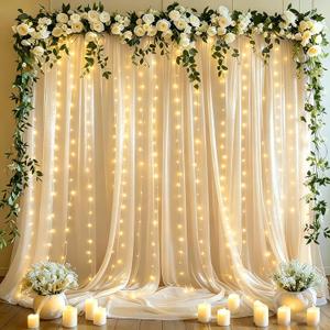 10x10ft Champagne Tulle Backdrop Curtains with Lights String for Parties,Wrinkle Free Sheer Curtain Wedding Photo Backdop Drapes for Baby Shower Birthday Party Photography Home Decorations