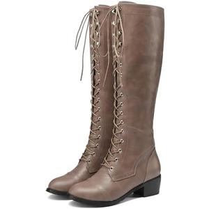 BEAUPAS Women's Knee High Combat Boots Lace Up Low Heel Military Tall Boots, 8, Grey