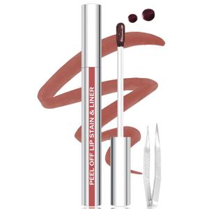 Lip Stain Peel Off Lip Liner Stain with Tweezer, Long Lasting Matte Lip Tint Tattoo, Highly Pigmented Color Lip Makeup, Waterproof Lipstick, Transfer-proof Lipstain for Women, Chestnut Brown