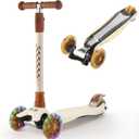 3 Wheel Scooter for Kids Ages 6-12,Kids Scooter with Light Up Wheels, Sturdy Deck Design, and 4 Height Adjustable Suitable for Kid Ages 3-12 (Beige)