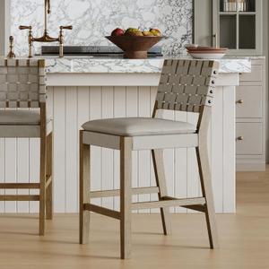 Nathan James Cohen Coastal Bar Stool, Wood Counter Height Leather Bar Stool with Back for Kitchen Island, Gray Mahogany