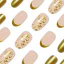 3 x Gold French tips Press on Nails Medium Almond Fake Nails with Design Golden Glitter Glue on Nails Reusable Foil Nail Glossy Nude False Nail for Women Girls Manicure 24pcs