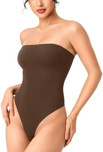 YEOREO Hyperflex Strapless Bodysuit Tube Top Off Shoulder Double Lined Thong Bodycon Slim Fit Summer Sexy Leotard L