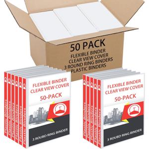 Fulmoon 50 Pcs 3 Ring Binders Bulk with 2 Interior Pockets Round Soft Flexible Ring Binders Holds 175 Sheets with Clear Cover for Office School(White,1 Inch)