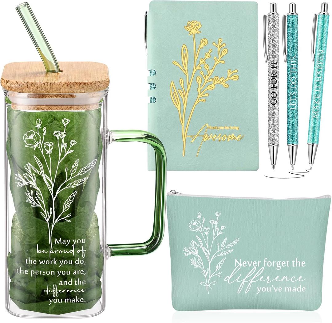 Abbylike 6 Pcs Employee Appreciation Gift for Women Team Coworker Staff Office Thank You Gift May You Be Proud 14oz Glass Tumbler with Handle Women's History Month Makeup Bag Journal Ballpoint(Green)
