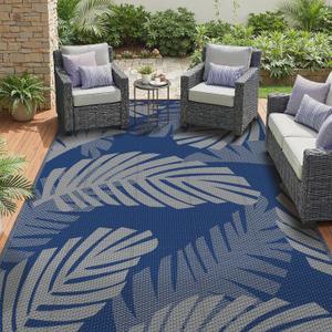 GENIMO Waterproof Outdoor Rug 9' x 12' for Patio Decor, Reversible Plastic Straw Area Rugs for Camping Clearance, RV Mat, Large Outside Carpet for Porch, Deck, Picnic, Balcony, Garden, Blue & Grey