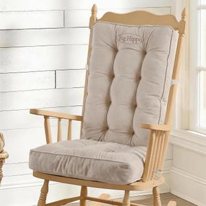 Big Hippo Rocking Chair Cushions Set with Ties, Tufted Thick Back and Seat Pads for Wooden Glider & Nursery, Velour Lumbar Support to Relieve Tailbone Pain for Indoor Office (Beige)