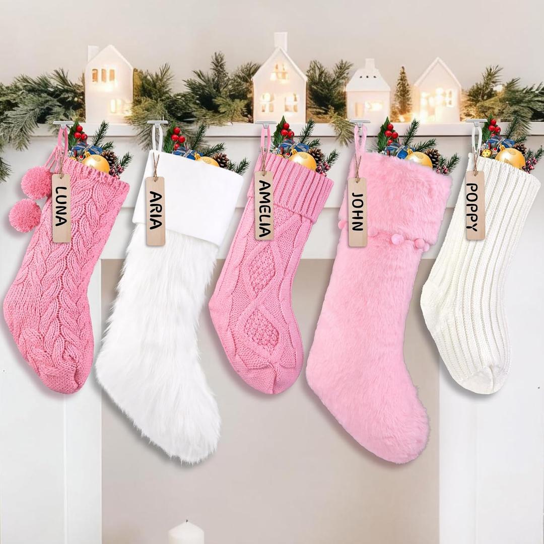 5 Packs Christmas Knitted Hanging Stockings,Xmas Large Farmhouse Rustic Neutral Cable Knit Personal Stockings Decorations for Christmas Tree Fireplace Family Holiday Party Decor18in 15in (White&pink B)